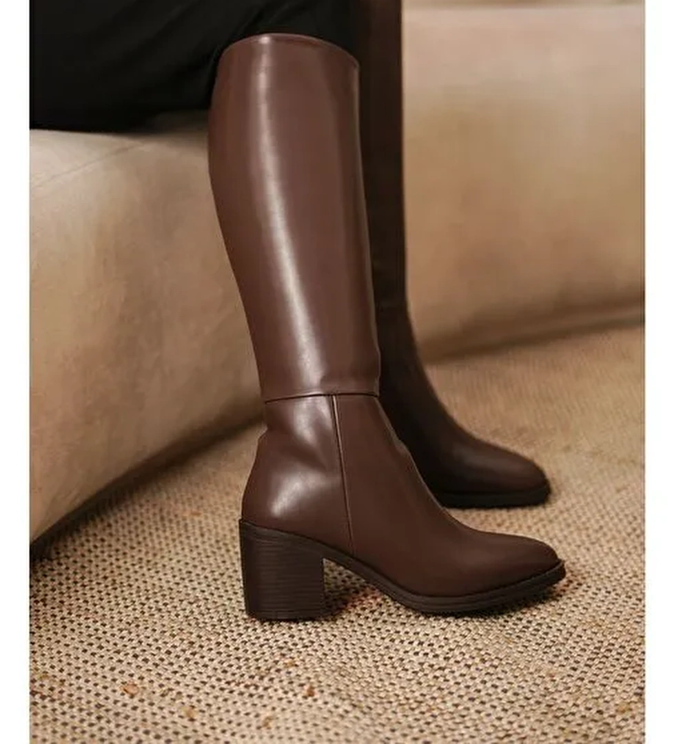 Kadın Kalın Topuklu Dizaltı Topuklu Çizme Aktone Kahve - Görsel 1