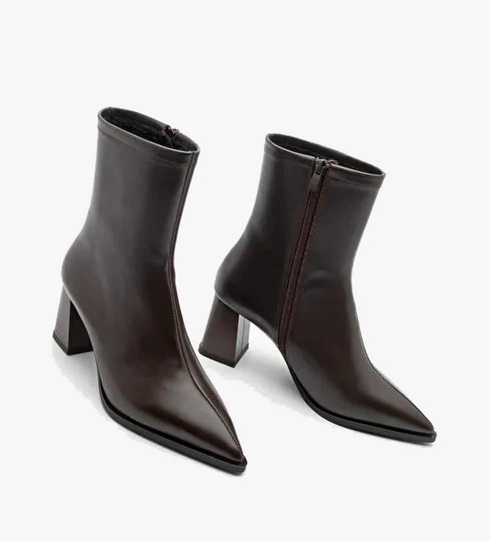 Kadın Kalın Topuklu Sivri Burun Bot Simva Kahve - Görsel 1