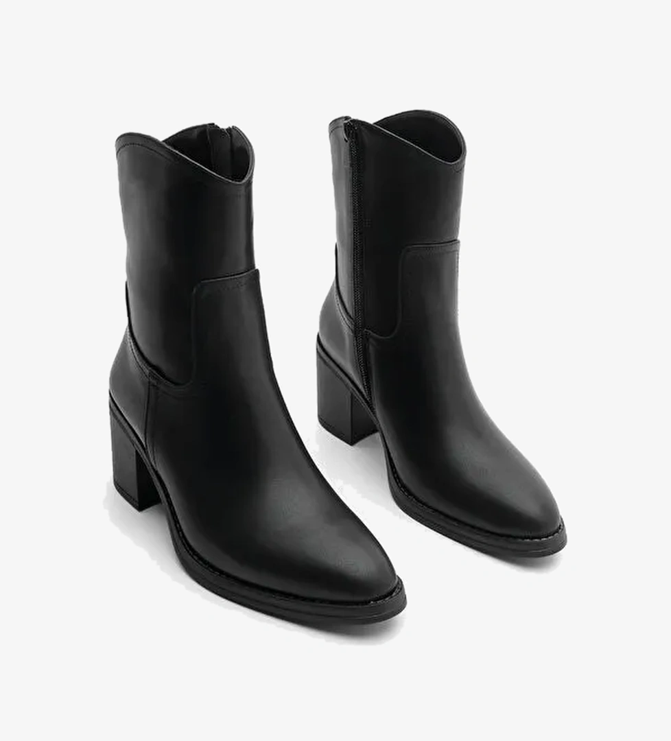 Kadın Fermuarlı Sivri Burun Kalın Topuklu Bot Tasim Siyah - Görsel 1