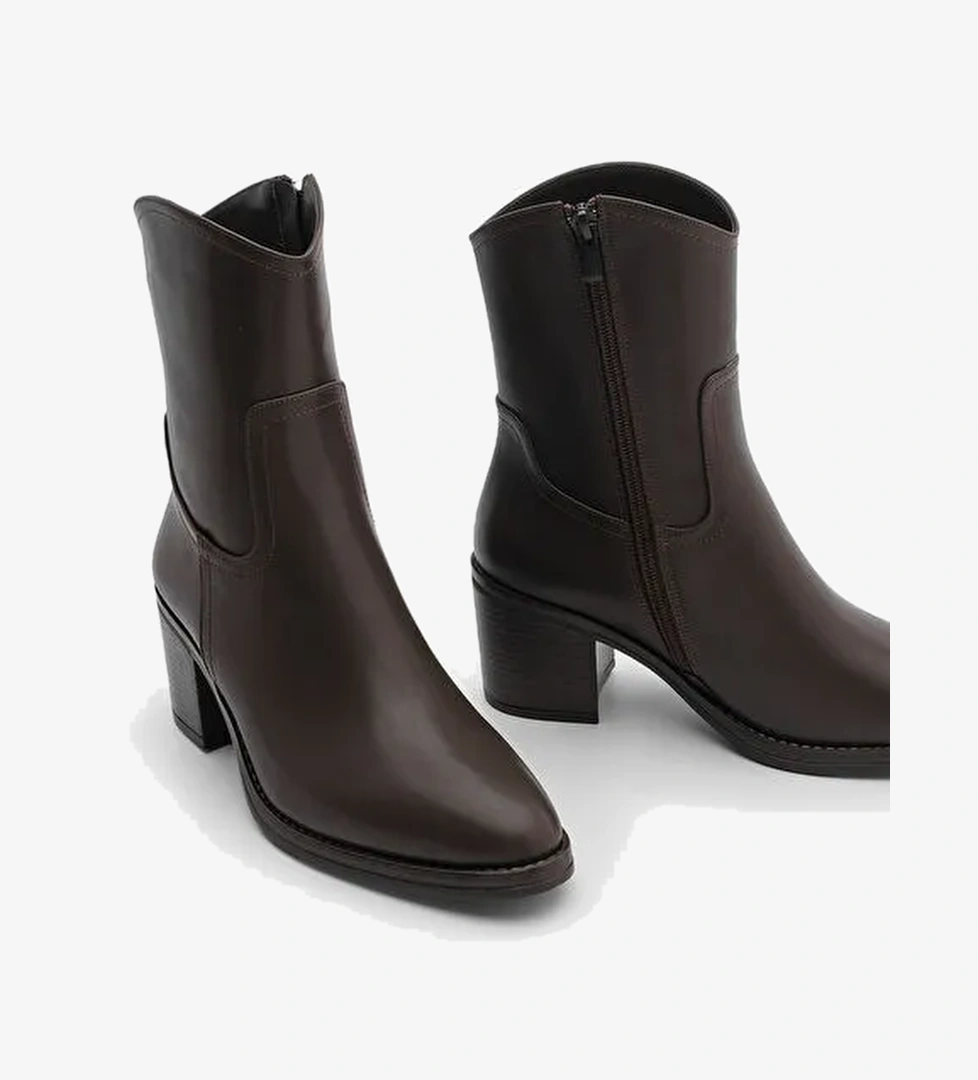 Kadın Fermuarlı Sivri Burun Kalın Topuklu Bot Tasim Kahve - Görsel 1