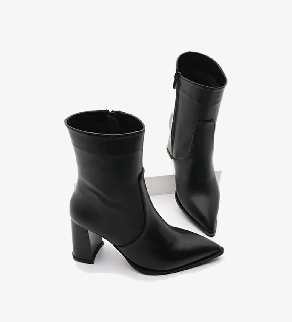 Kadın Yandan Fermuar Sivri Burun Kalın Topuklu Bot Laktone Siyah - Görsel 1