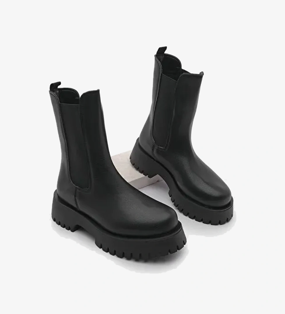 Kadın Kalın Taban Elastik Yan Bantlı Günlük Bot Zemes Siyah - Görsel 1