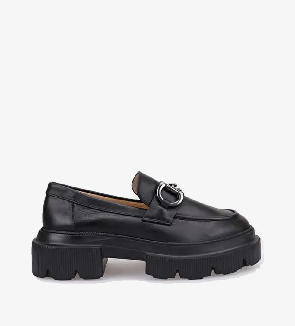 %100 Hakiki Deri Siyah Tokalı Kadın Günlük Ayakkabı - Görsel 1