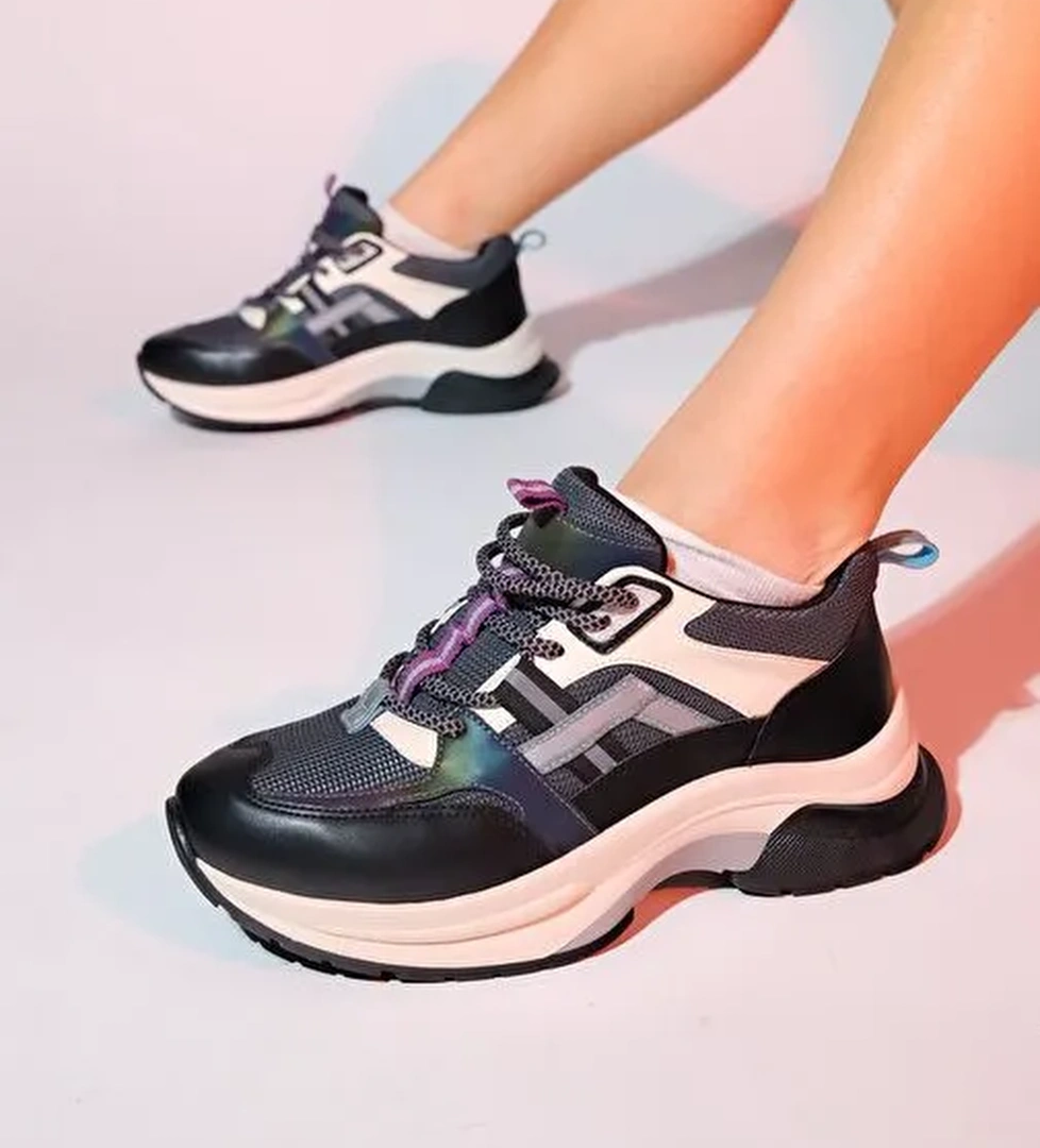 STERDA Siyah Yeşil Kadın Kalın Taban Spor Sneakers - Görsel 1