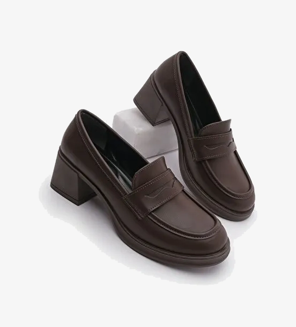 Kadın Loafer Kalın Topuklu Günlük Ayakkabı Seriz Kahve - Görsel 1