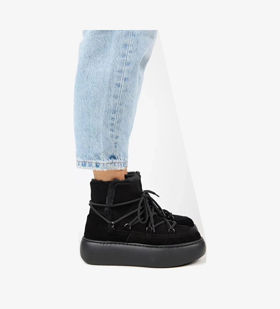 Manijero Haven Kadın Hakiki Deri Bağcıklı İçi Kürklü Siyah Bot - Görsel 1