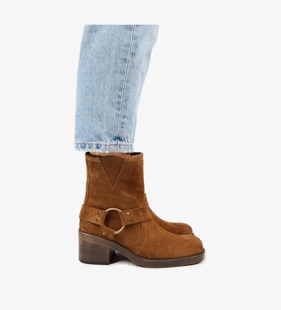 Manijero (Livia) Kadın Hakiki Deri Biker Taba Bot - Görsel 1