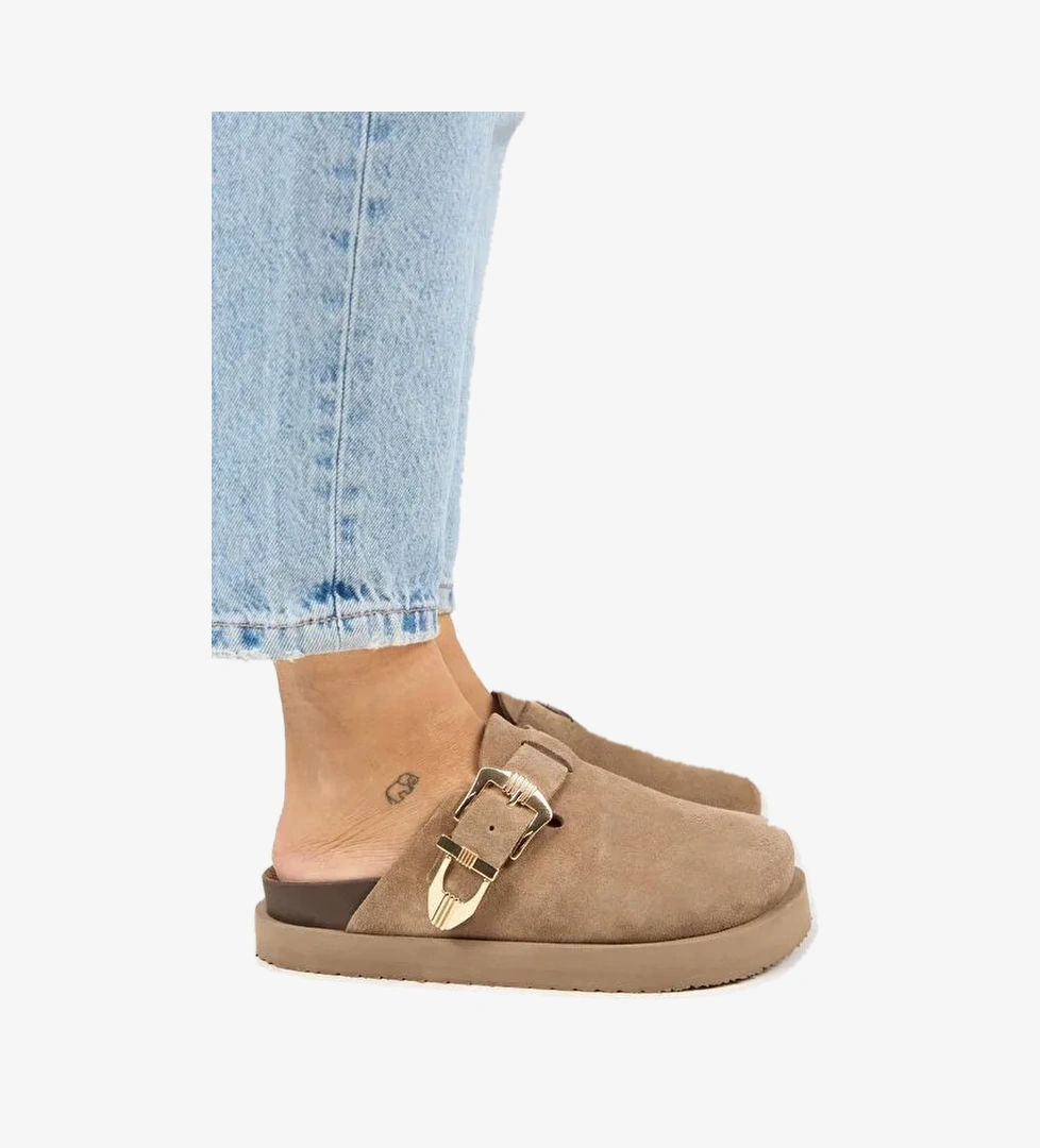 Manijero (Sofia) Kadın Hakiki Deri Sabo Platform Vizon Terlik - Görsel 1