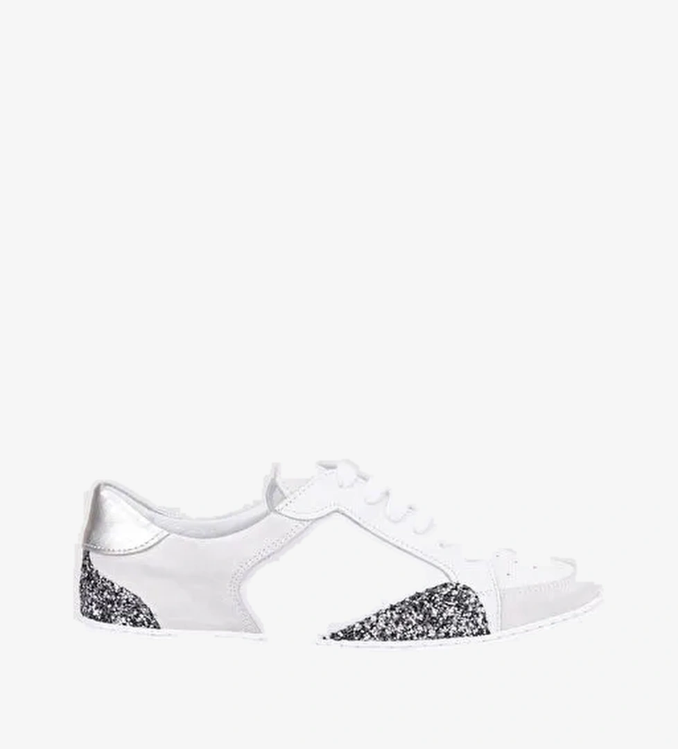 %100 Hakiki Deri Beyaz Pul Detaylı Bağcıklı Kadın Spor Ayakkabı - Görsel 1