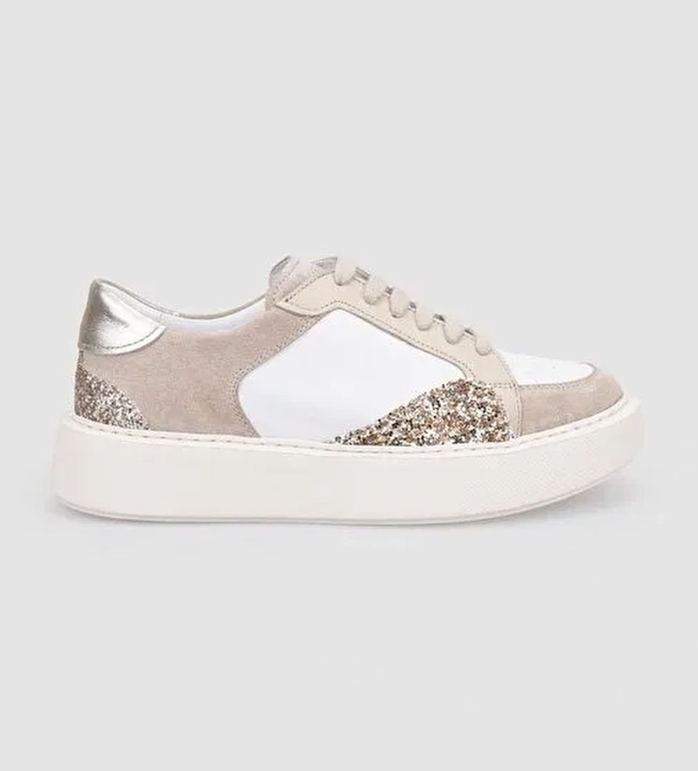 %100 Hakiki Deri Bej Sim Detaylı Bağcıklı Kadın Spor Ayakkabı - Görsel 1