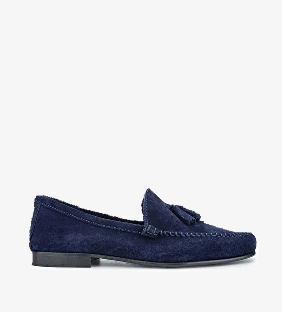 D.LEPORI Erkek Hakiki Deri Lacivert Süet Loafer Ayakkabı - Görsel 1