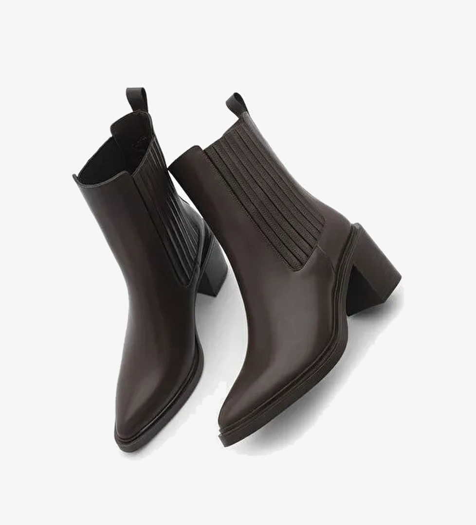 Kadın Sivri Burun Çift Lastikli Kalın Topuklu Bot Solav Kahve - Görsel 1