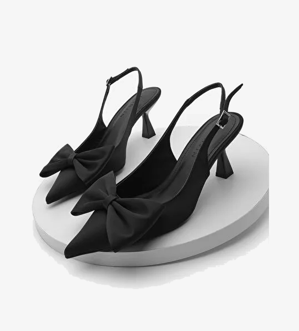 Kadın Stiletto Arkası Açık Fiyonk Detaylı Topuklu Ayakkabı Sarvel Siyah - Görsel 1