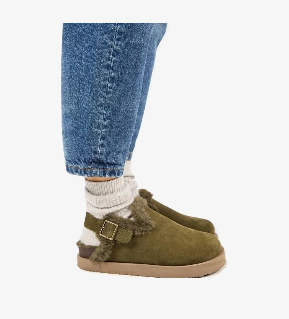 Manijero Haki Kadın Süet - Kürklü Sandalet MNJ.162.03 - Görsel 1