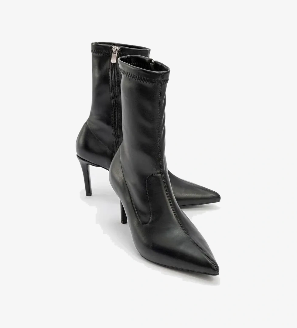 THALİN Siyah Cilt Sivri Burun Yandan Fermuarlı Kadın İnce Topuklu Bot - Görsel 1