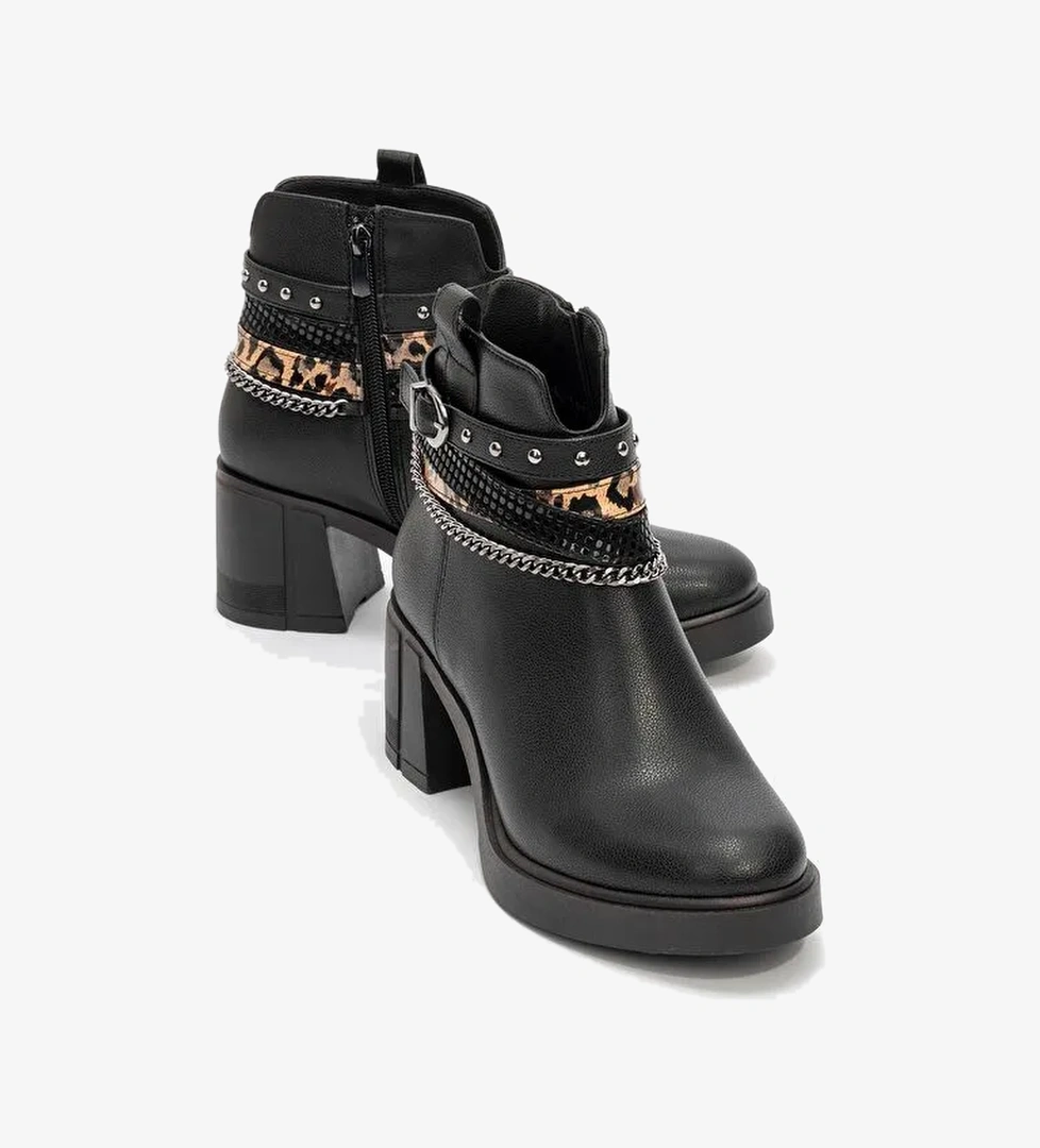 BOLİVA Siyah Kemerli Zincirli Kadın Kalın Topuklu Bot - Görsel 1