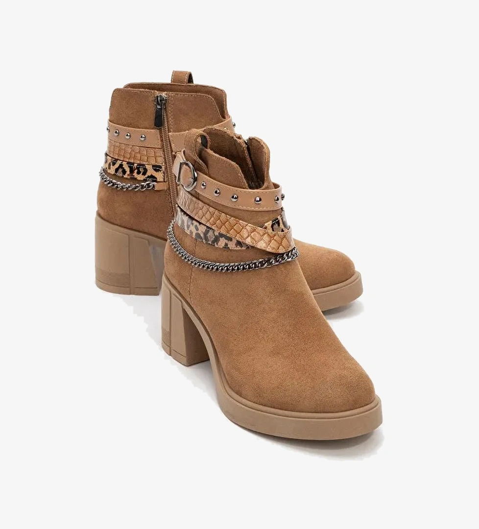 BOLİVA Taba Süet Kemerli Zincirli Kadın Kalın Topuklu Bot - Görsel 1