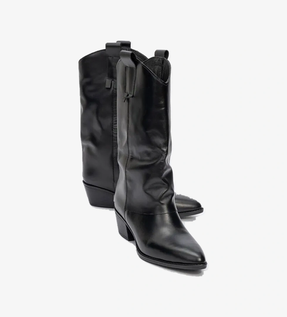 SOJO Siyah Cilt Hakiki Deri Kalın Topuklu Kısa Çizme - Görsel 1