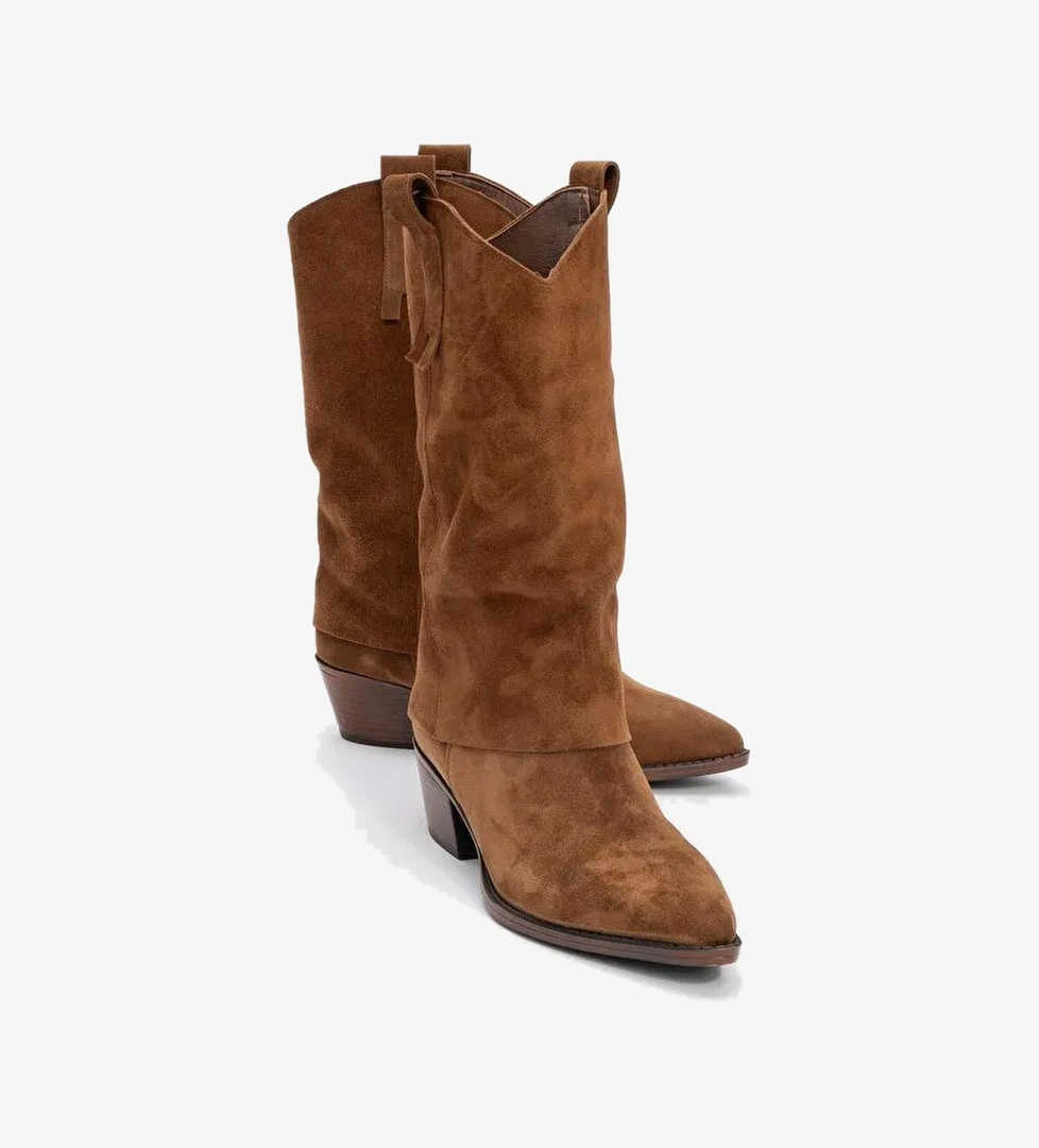 SOJO Taba Süet Hakiki Deri Kalın Topuklu Kısa Çizme - Görsel 1