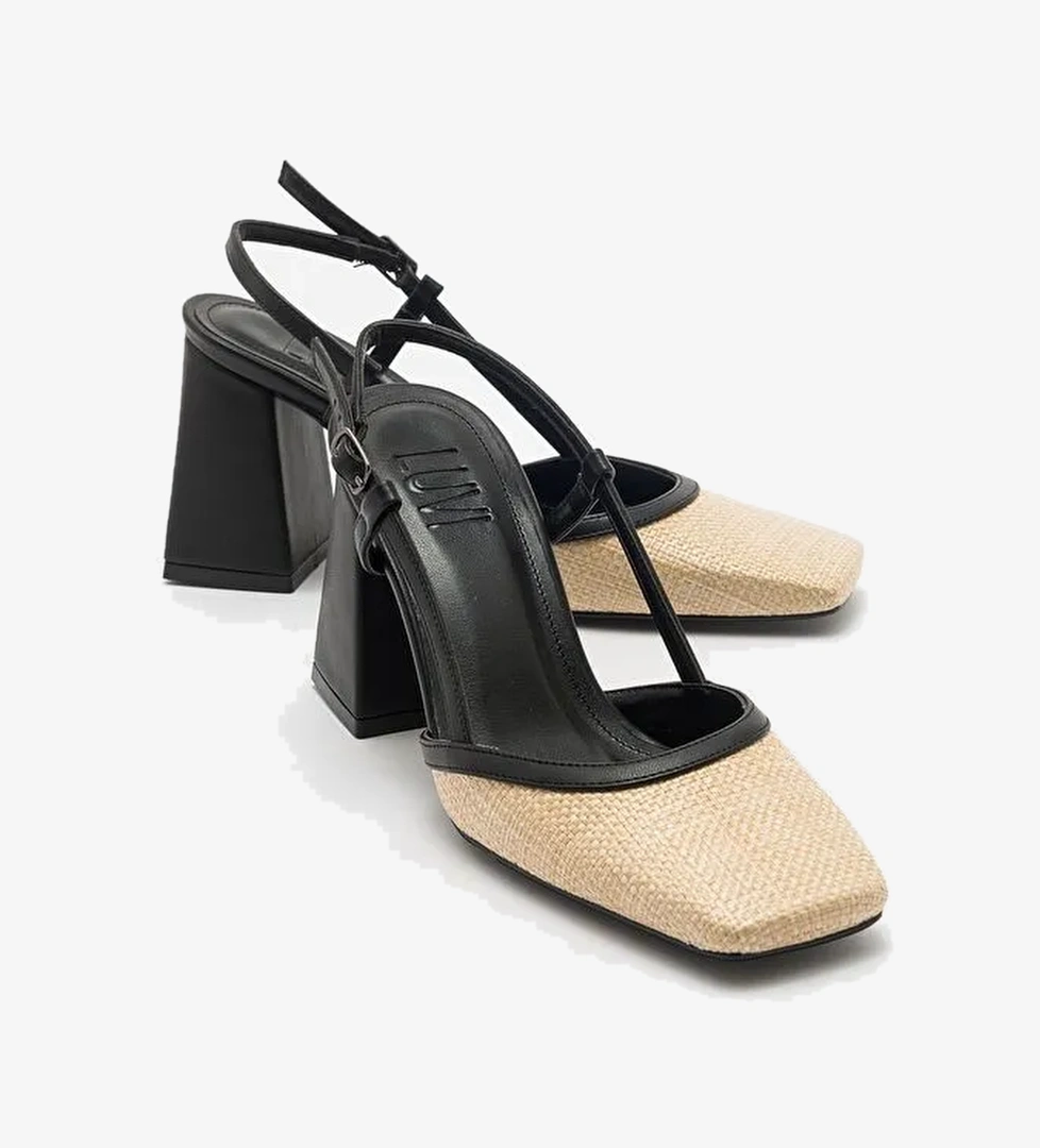 Luvi Shoes Siyah-Bej Kadın Hasır Topuklu Ayakkabı 71-2028 - Görsel 1