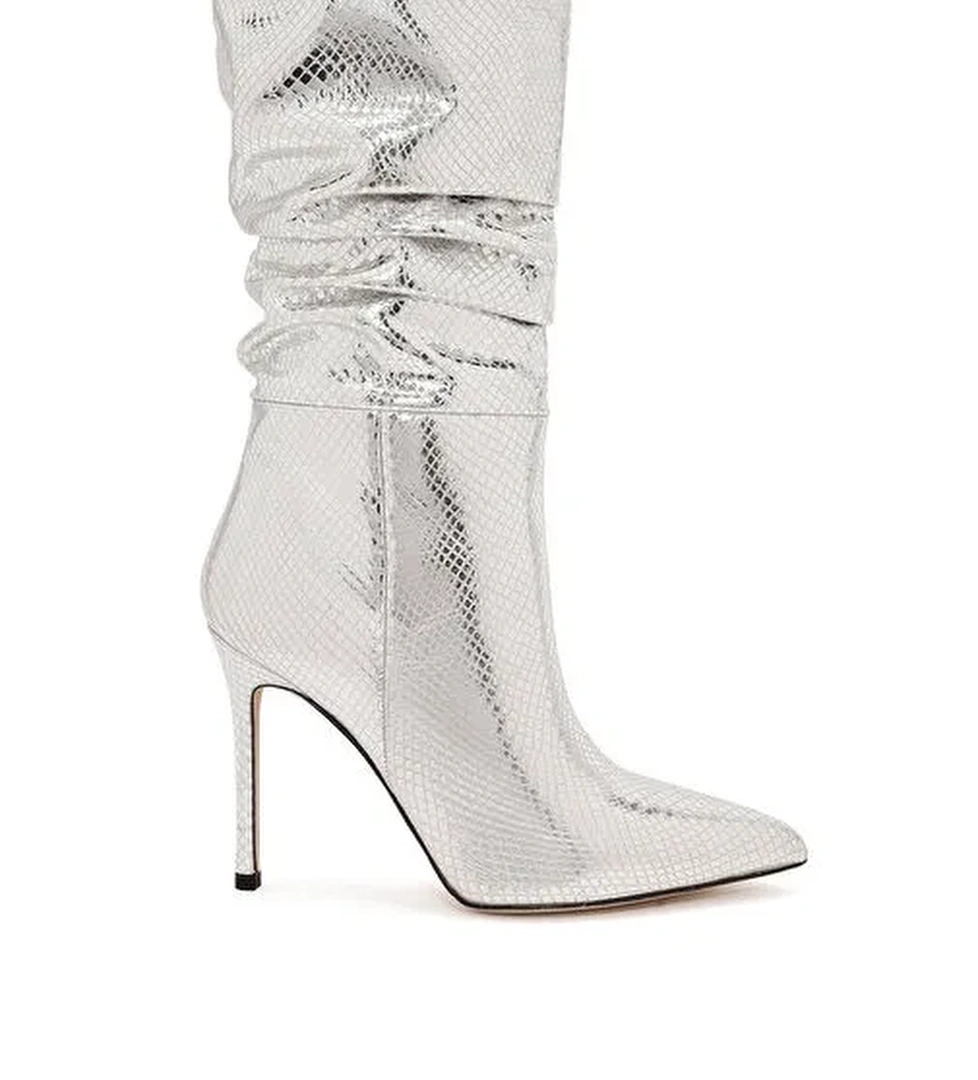 Kadın Gri İnce Topuklu Metalik Deri Çizme 24WFD122332 - Görsel 1