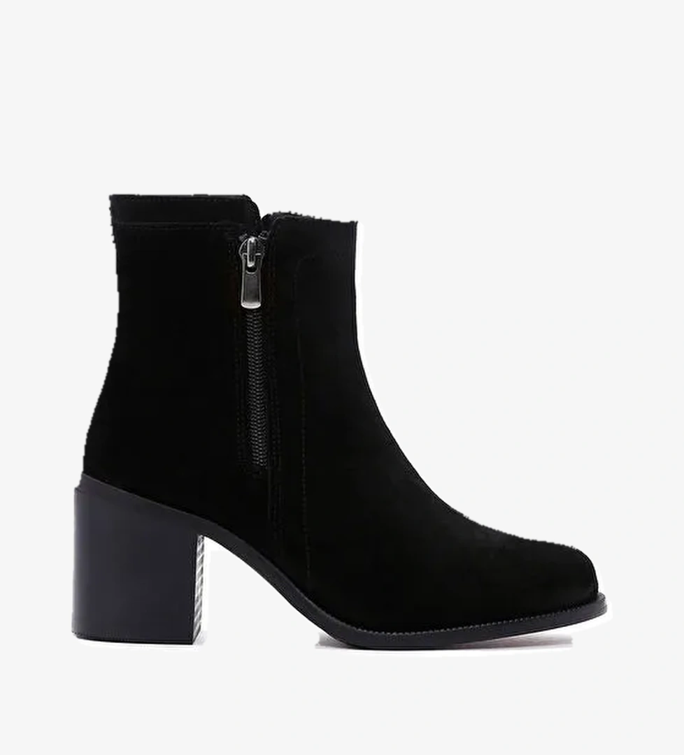 Kadın Siyah Fermuarlı Kalın Topuklu Süet Deri Bot 24WFD236018 - Görsel 1