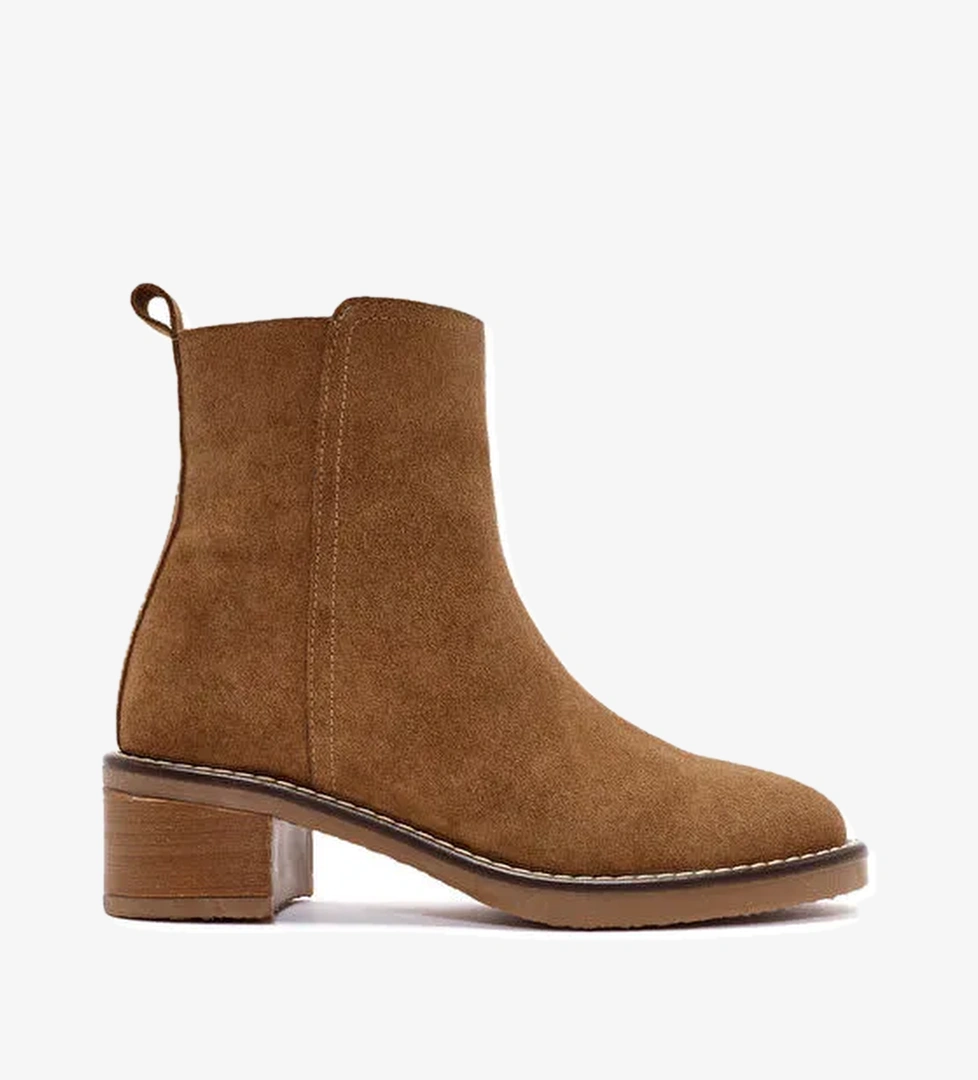 Kadın Kahverengi Fermuarlı Kalın Topuklu Süet Deri Bot 24WFD162710 - Görsel 1