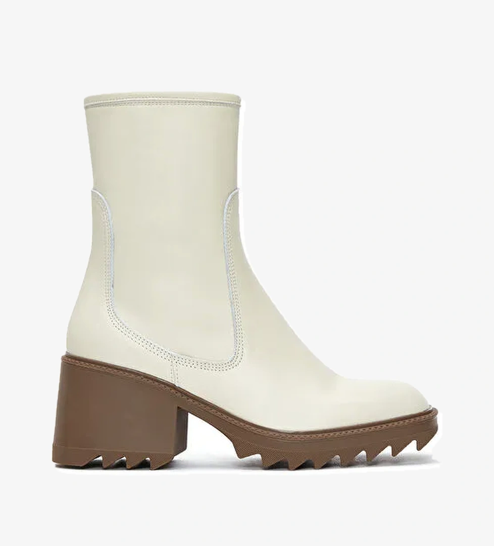 Kadın Bej Fermuarlı Kalın Topuklu Deri Bot 24WFD131518 - Görsel 1