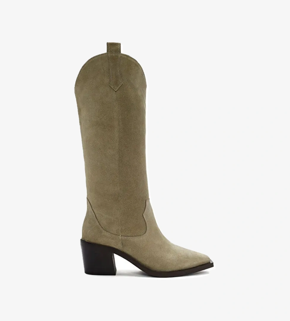 Kadın Bej Kalın Topuklu Süet Deri Kovboy Çizme 24WFD152710 - Görsel 1