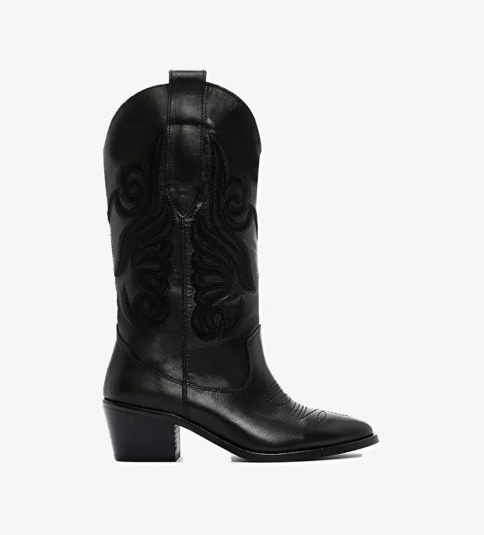 Kadın Siyah Kısa Topuklu Deri Kovboy Bot 24WFD151118 - Görsel 1