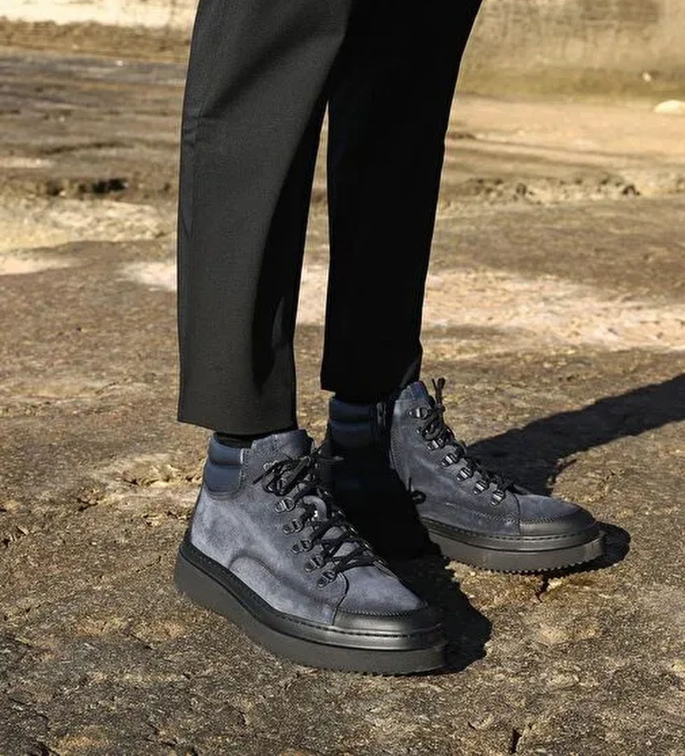 Hakiki Deri Lacivert Bağcıklı Erkek Fermuarlı Günlük Bot - Görsel 1