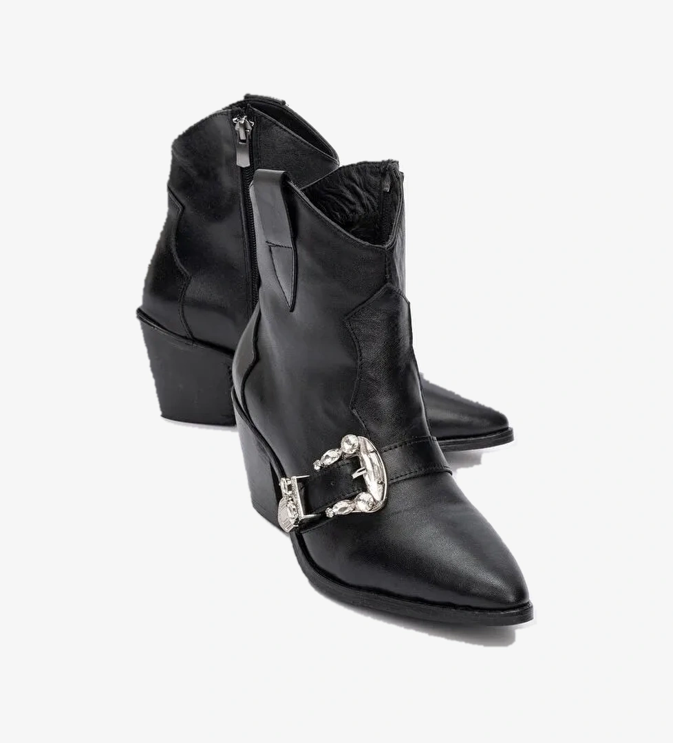 ANY Siyah Cilt Taşlı Hakiki Deri Kadın Topuklu Bot - Görsel 1