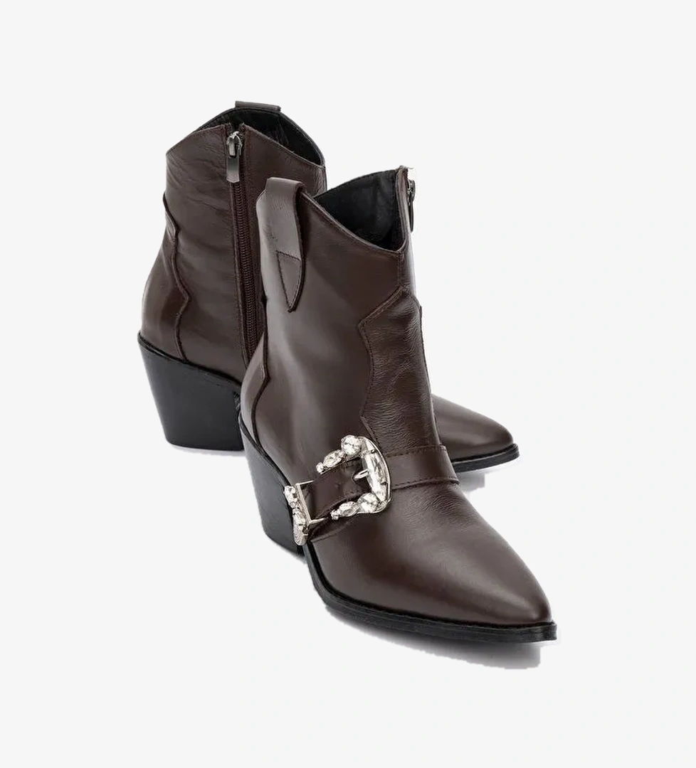 ANY Kahve Cilt Taşlı Hakiki Deri Kadın Topuklu Bot - Görsel 1