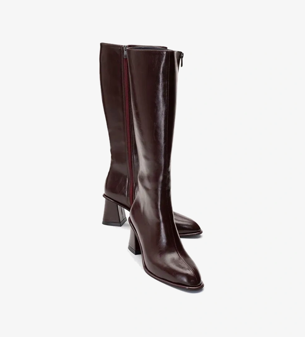 PARADİS Bordo Cilt Kadın Kalın Topuklu Çizme - Görsel 1