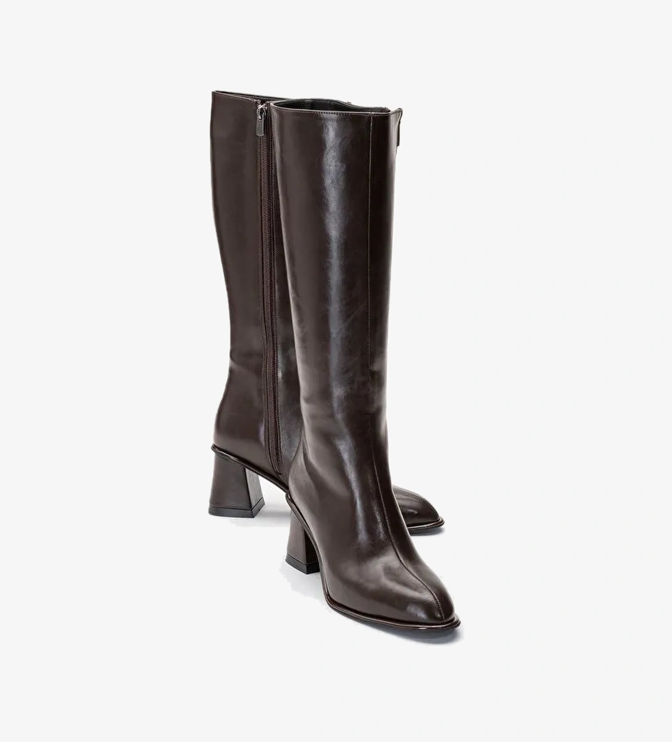 PARADİS Kahverengi Cilt Kadın Kalın Topuklu Çizme - Görsel 1