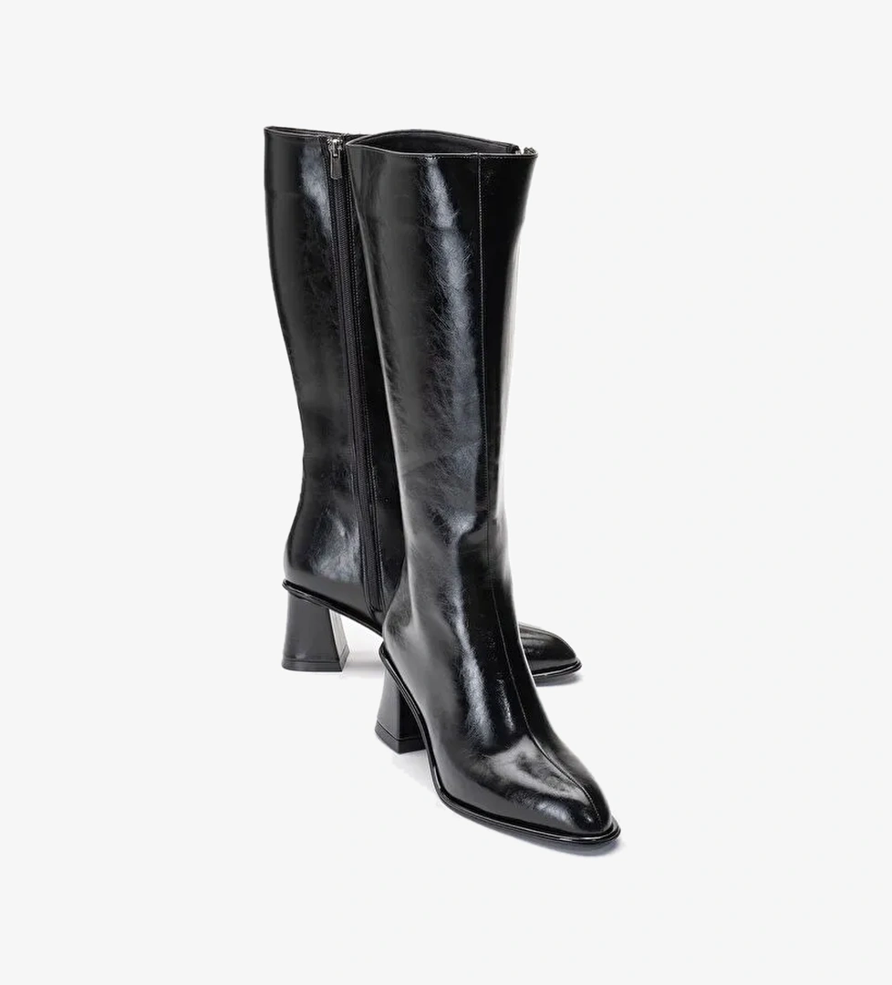PARADİS Siyah Cilt Kadın Kalın Topuklu Çizme - Görsel 1