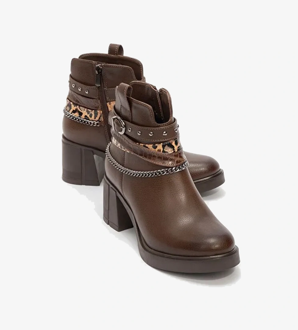 BOLİVA Kahverengi Kemerli Zincirli Kadın Kalın Topuklu Bot - Görsel 1