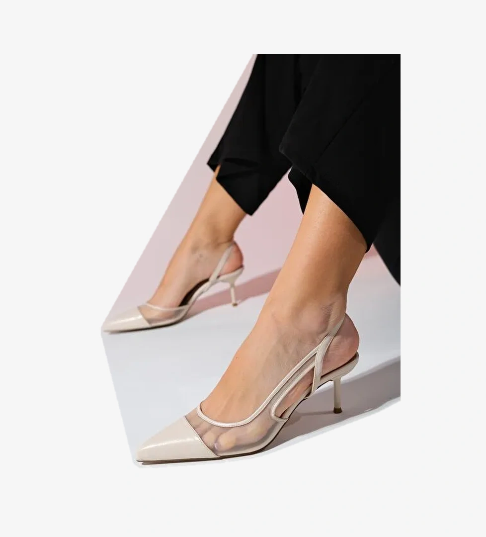 RAVENNA Bej Kadın Sivri Burun Arkası Açık İnce Topuklu Ayakkabı - Görsel 1