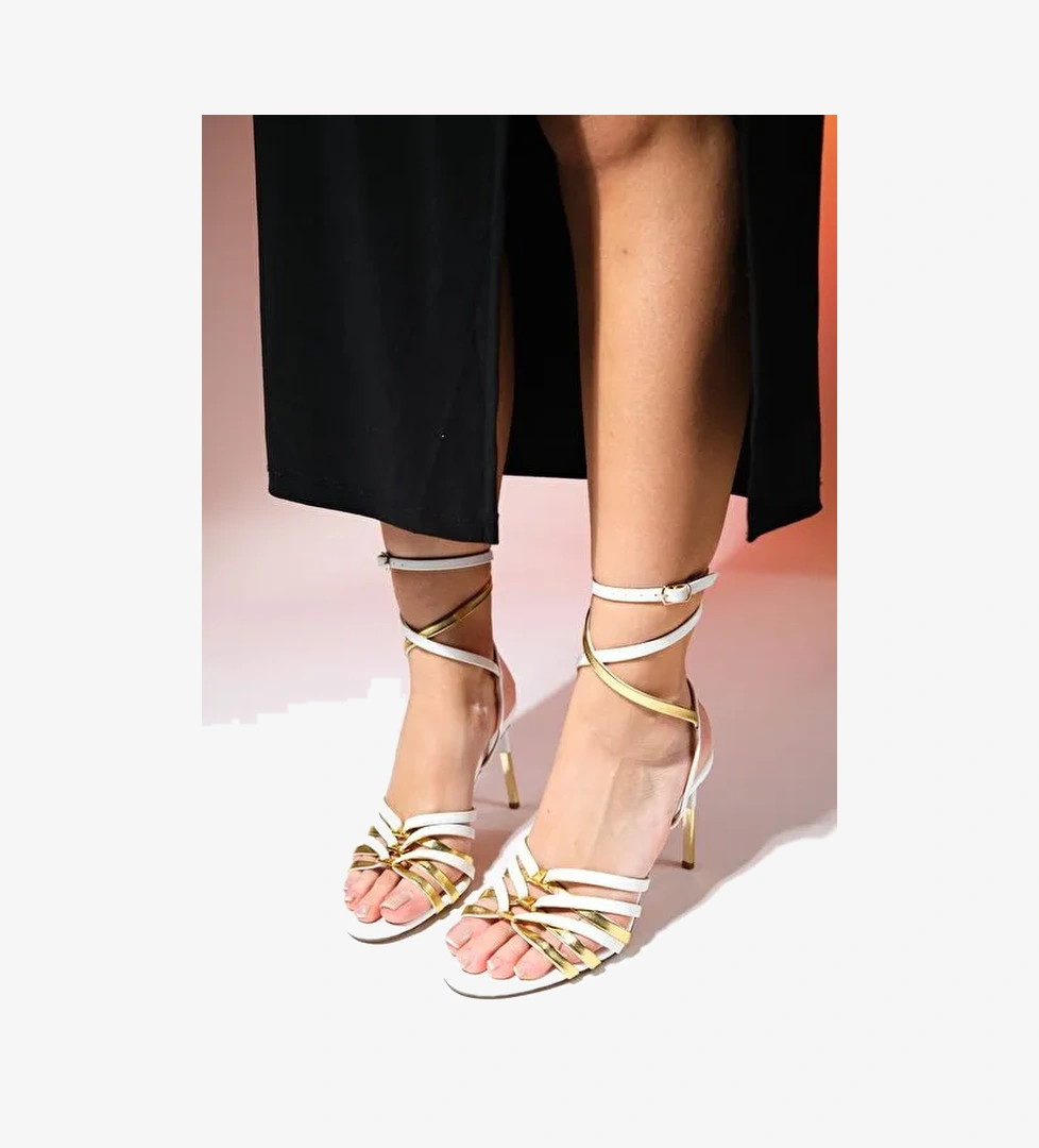 BELLON Beyaz Cilt Kadın Bilekten Bağlamalı Yüksek Topuklu Ayakkabı - Görsel 1