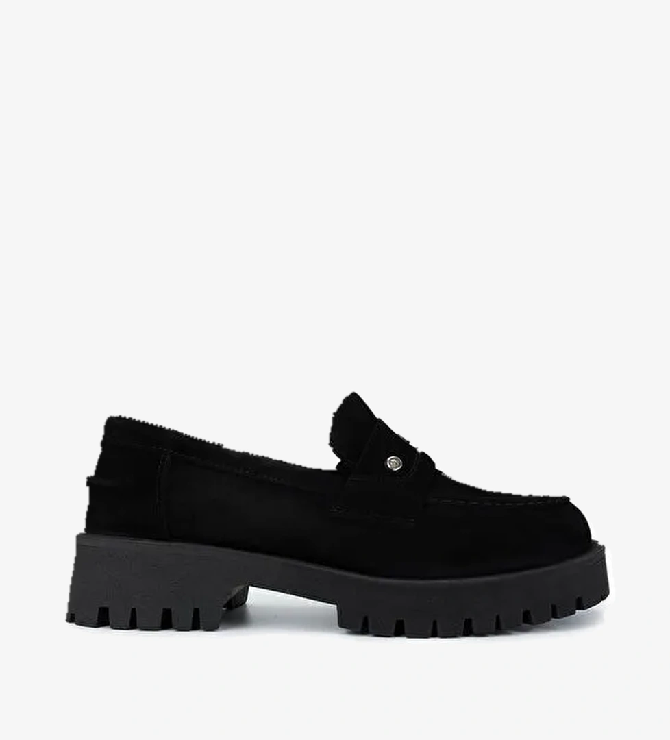 Tamer Tanca Kadın Hakiki Deri Siyah Süet Loafer Ayakkabı - Görsel 1