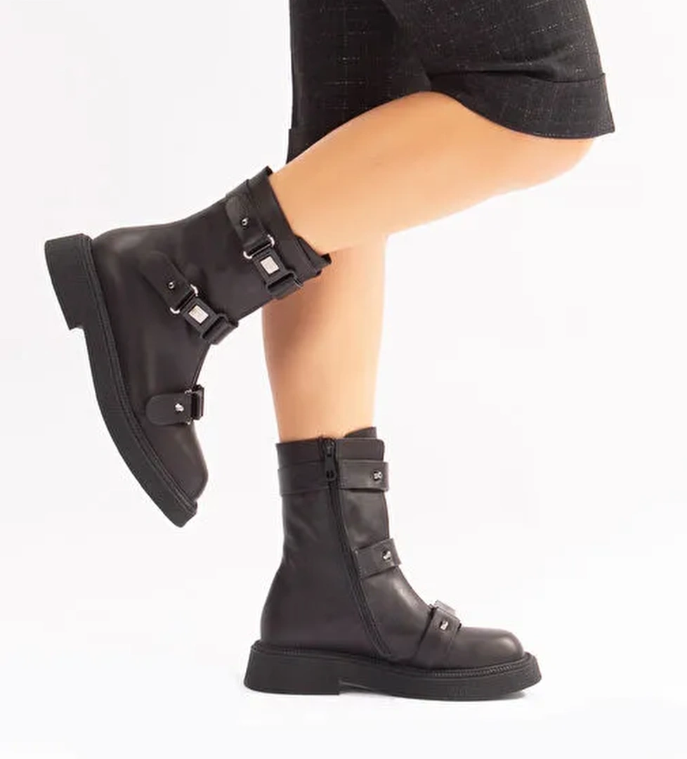 Rima Gerçek Deri Fermuarlı Kadın Postal Bot Siyah - Görsel 1