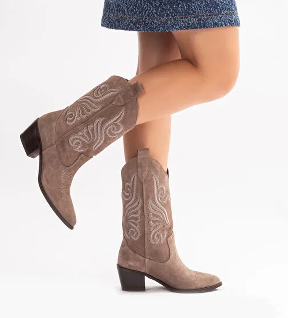 Mariel Gerçek Deri Kadın Western Çizme Vizon Süet - Görsel 1