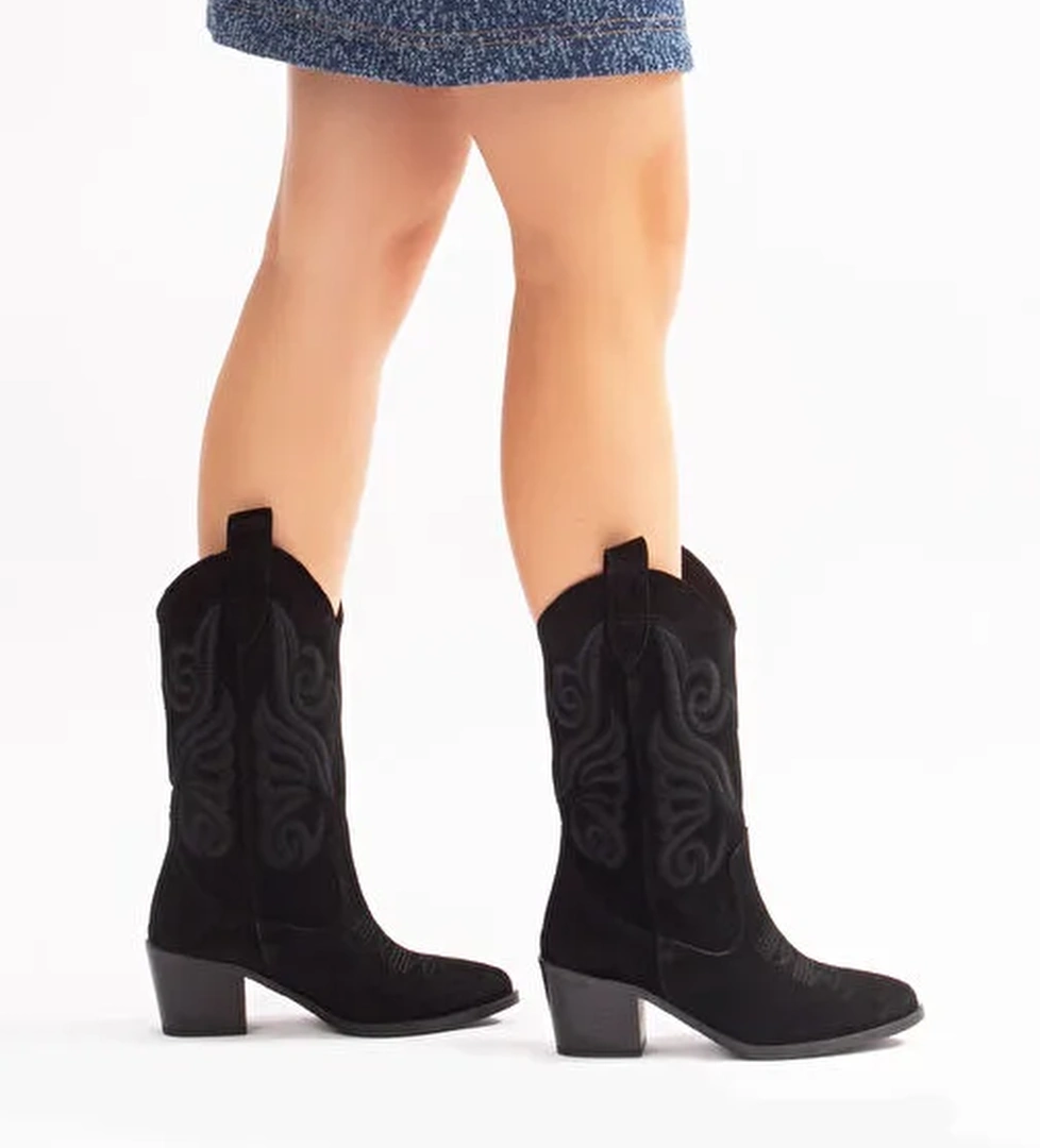 Mariel Gerçek Deri Kadın Western Çizme Siyah Süet - Görsel 1