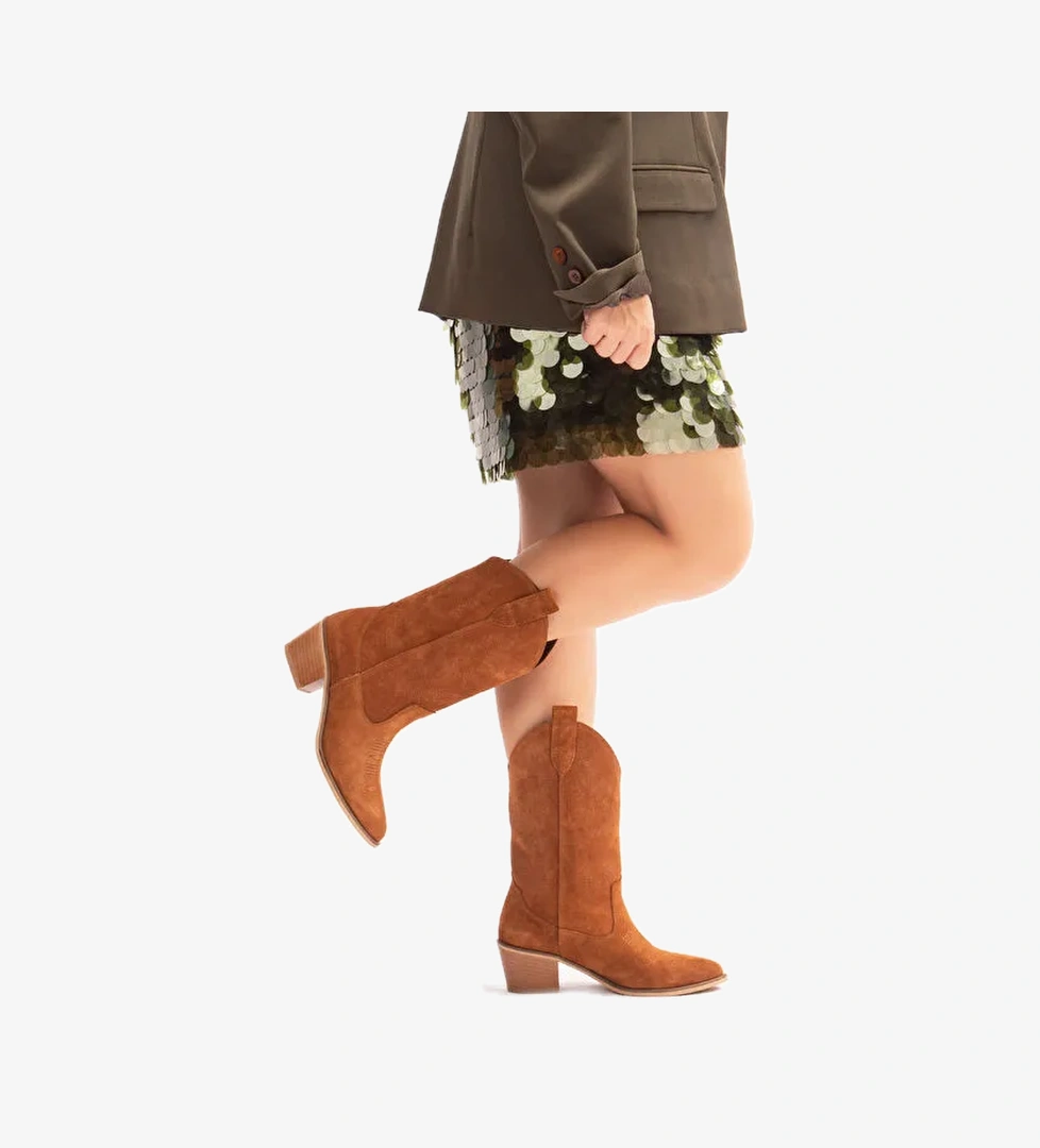 Mariana Gerçek Deri Kadın Western Çizme Taba Süet - Görsel 1