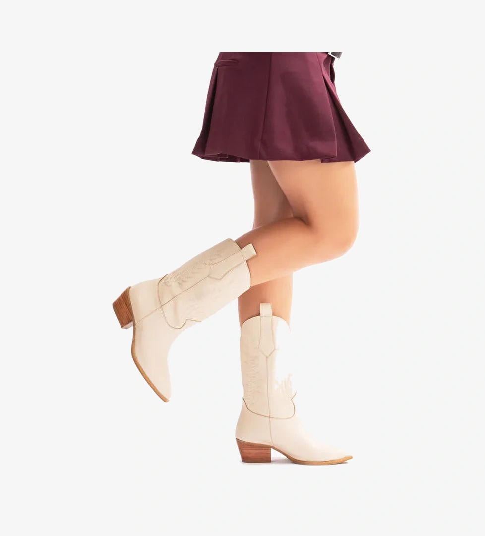 Avlonya Gerçek Deri Kadın Western Çizme Bej - Görsel 1