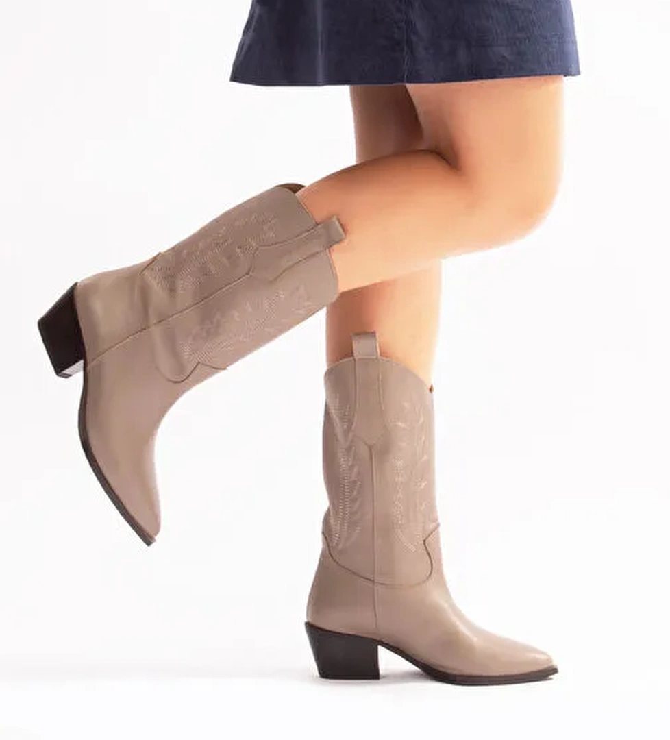 Avlonya Gerçek Deri Kadın Western Çizme Vizon - Görsel 1