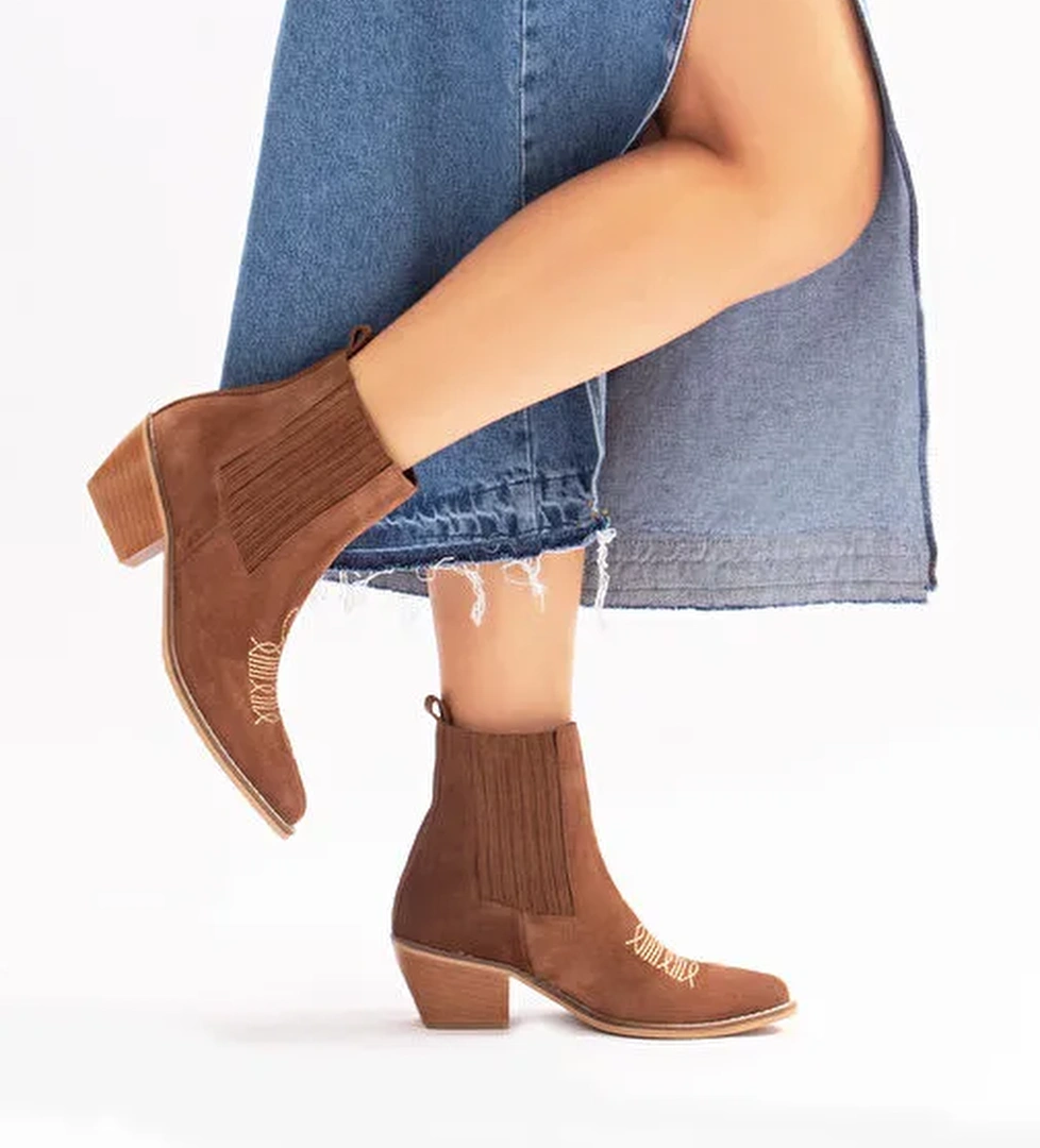 Milan Gerçek Deri Kadın Western Bot Kahve Süet - Görsel 1