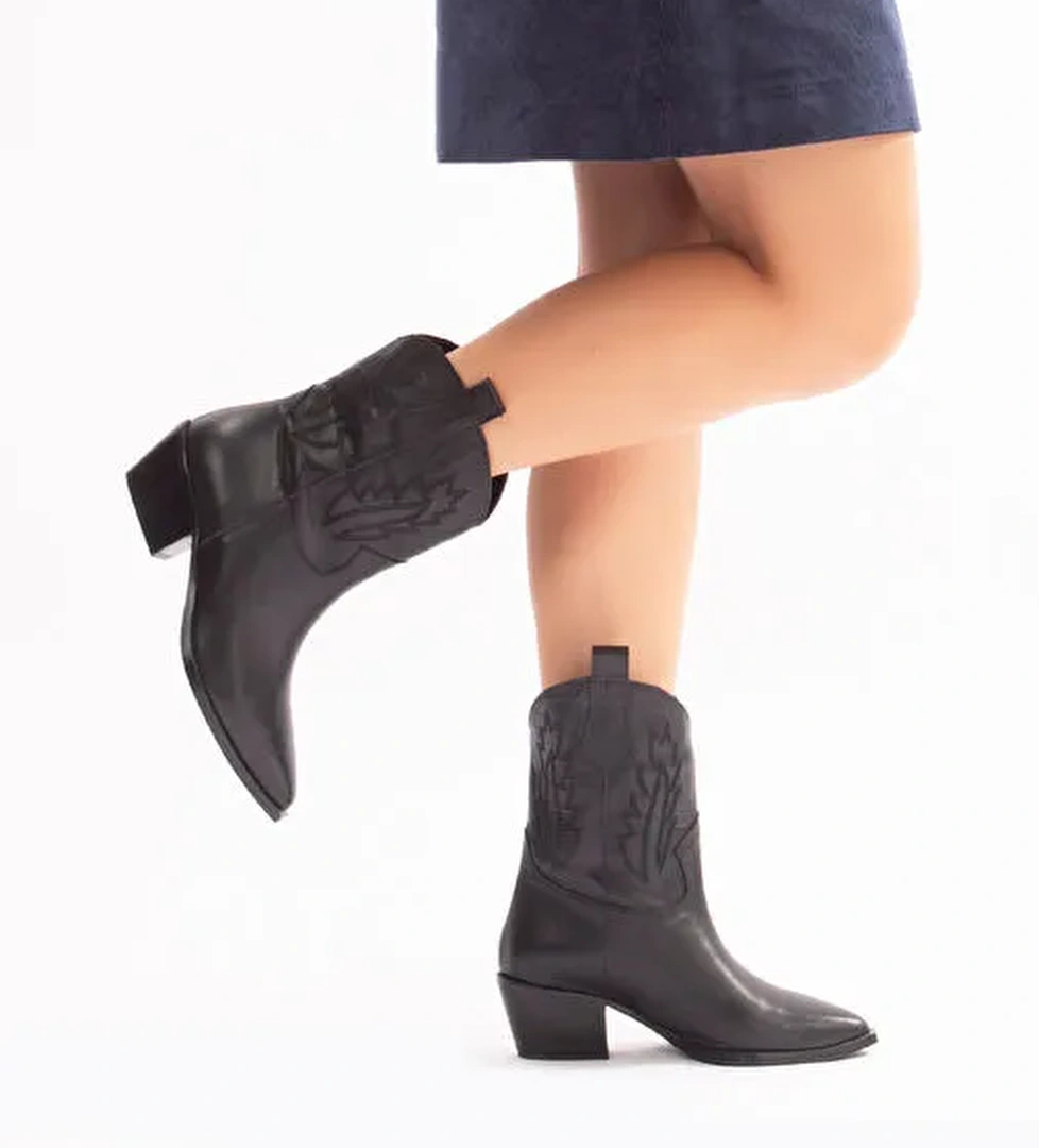 Almira Gerçek Deri Kadın Western Bot Siyah - Görsel 1