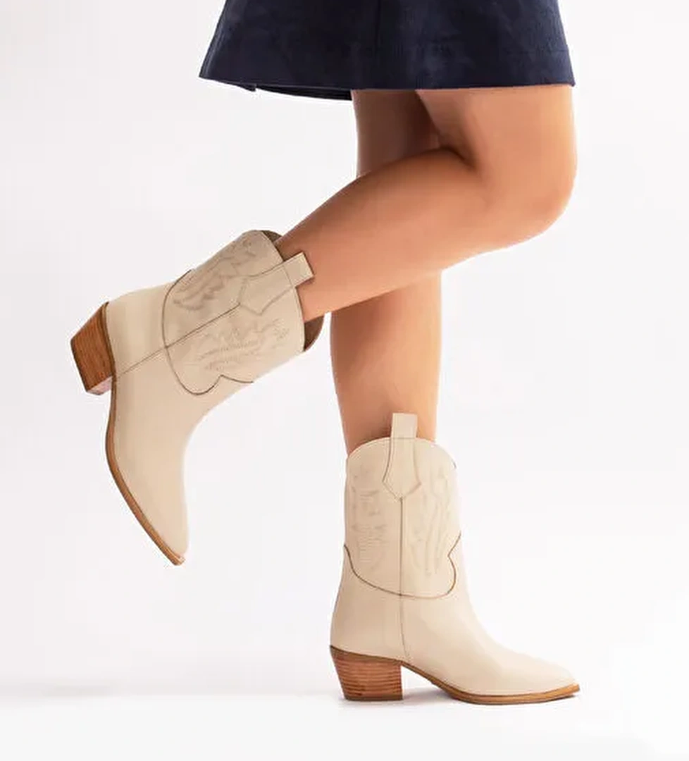 Almira Gerçek Deri Kadın Western Bot Bej - Görsel 1