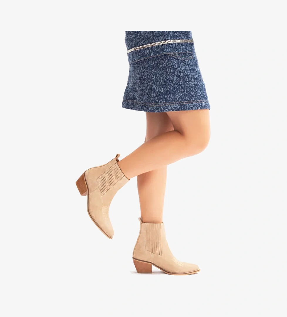 Milan Gerçek Deri Kadın Western Bot Bej Süet - Görsel 1